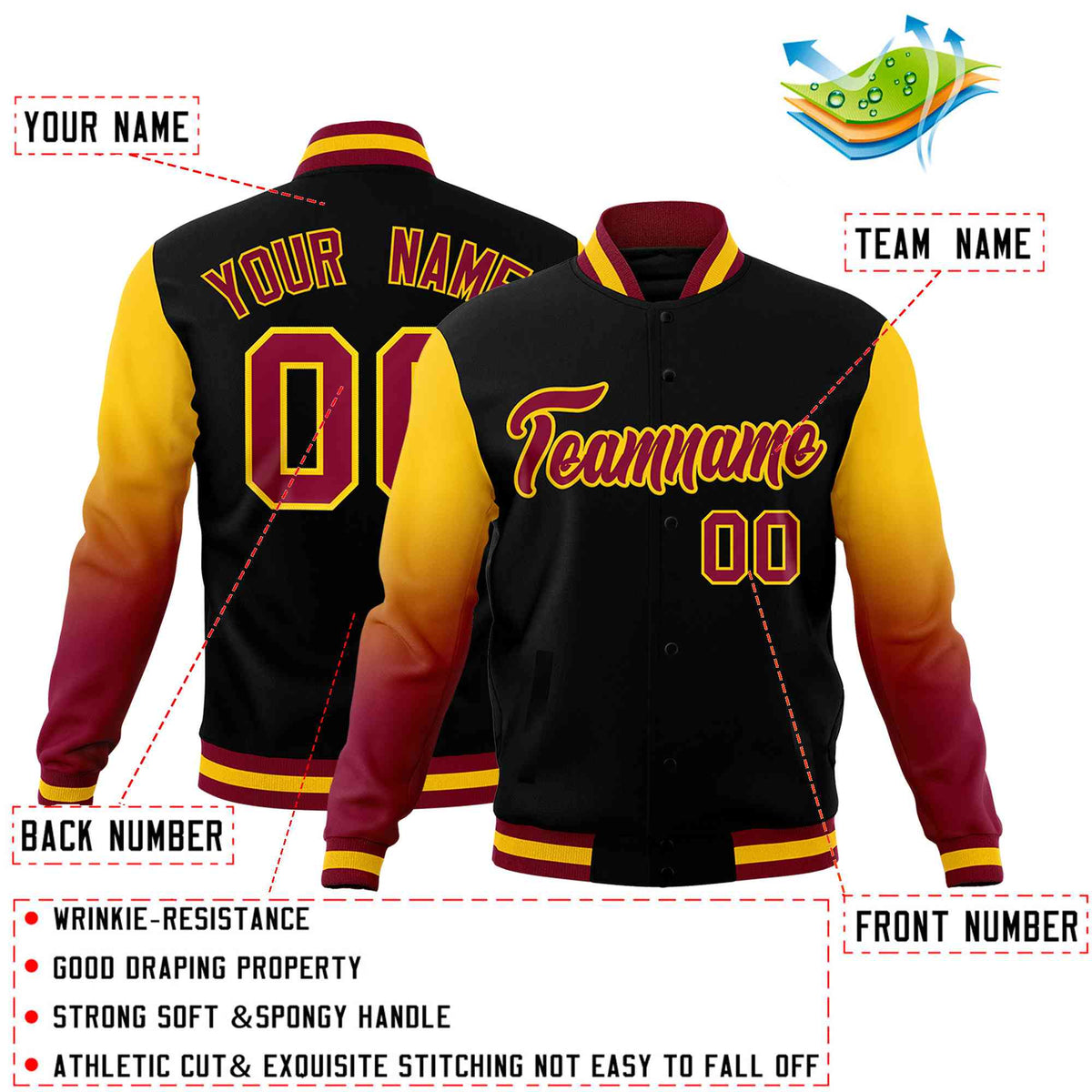 Custom Black Crimson Gold Full-Snap Varsity Raglan Sleeves Gradient Letterman Jacket