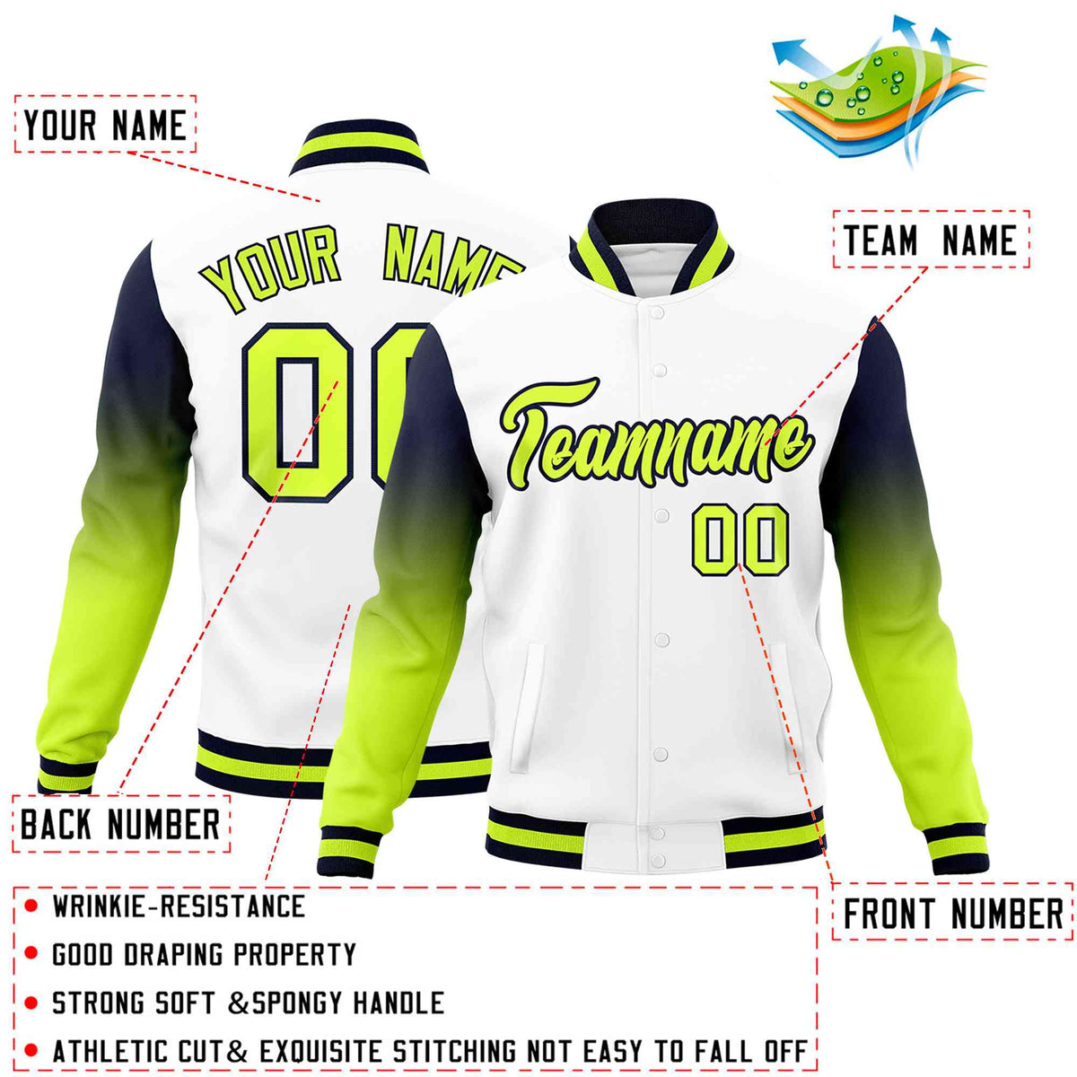 Custom White Neon Green Navy Full-Snap Varsity Raglan Sleeves Gradient Letterman Jacket
