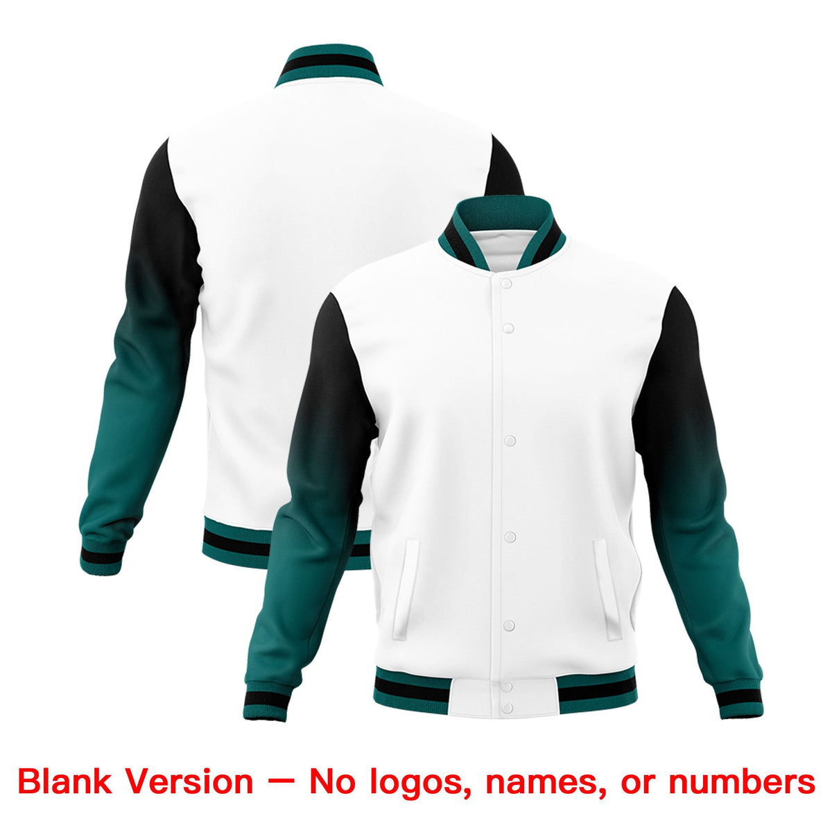 Custom White Teal Black Full-Snap Varsity Raglan Sleeves Gradient Letterman Jacket
