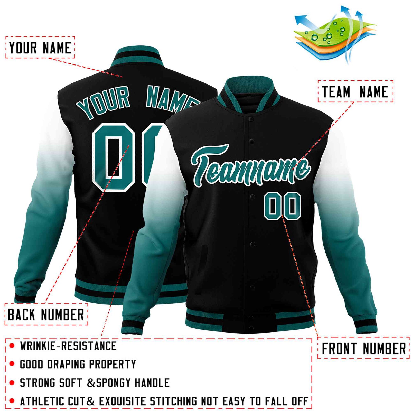 Custom Black Teal White Full-Snap Varsity Raglan Sleeves Gradient Letterman Jacket
