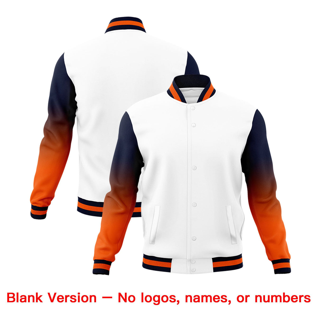 Custom White Orange Navy Full-Snap Varsity Raglan Sleeves Gradient Letterman Jacket