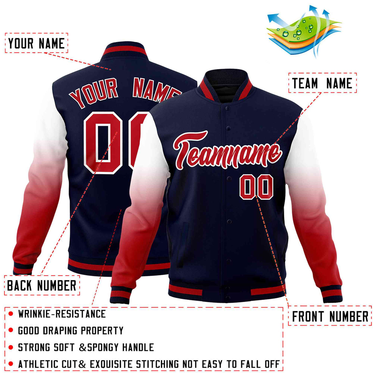 Custom Navy Red White Full-Snap Varsity Raglan Sleeves Gradient Letterman Jacket