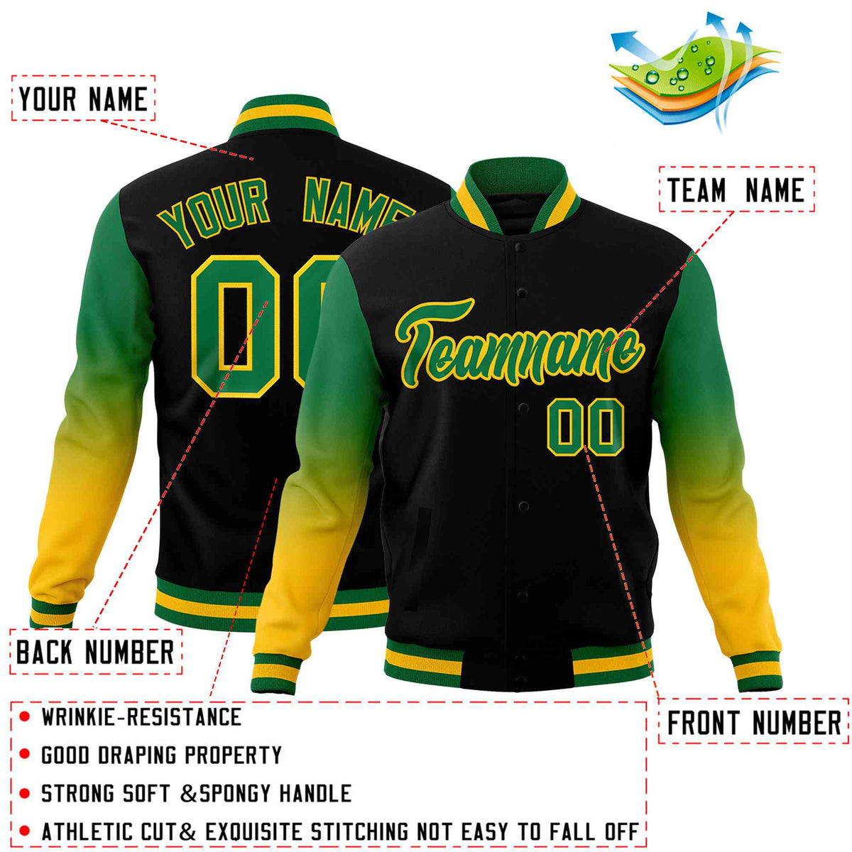 Custom Black Kelly Green Gold Full-Snap Varsity Raglan Sleeves Gradient Letterman Jacket