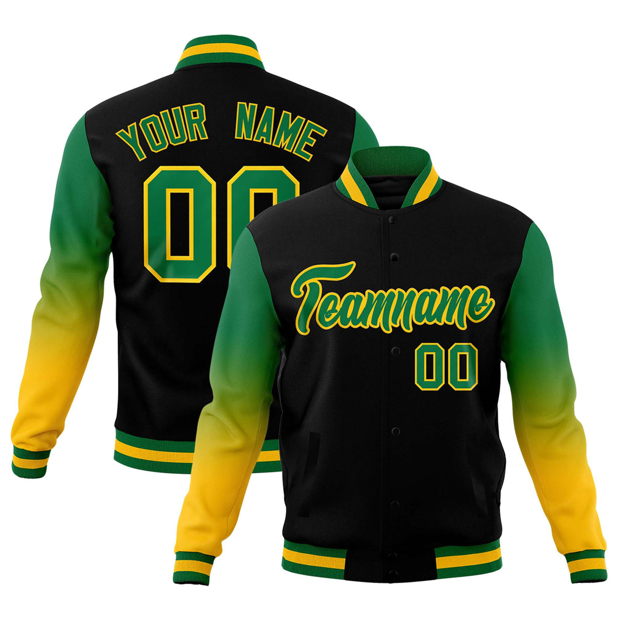 Custom Black Kelly Green Gold Full-Snap Varsity Raglan Sleeves Gradient Letterman Jacket