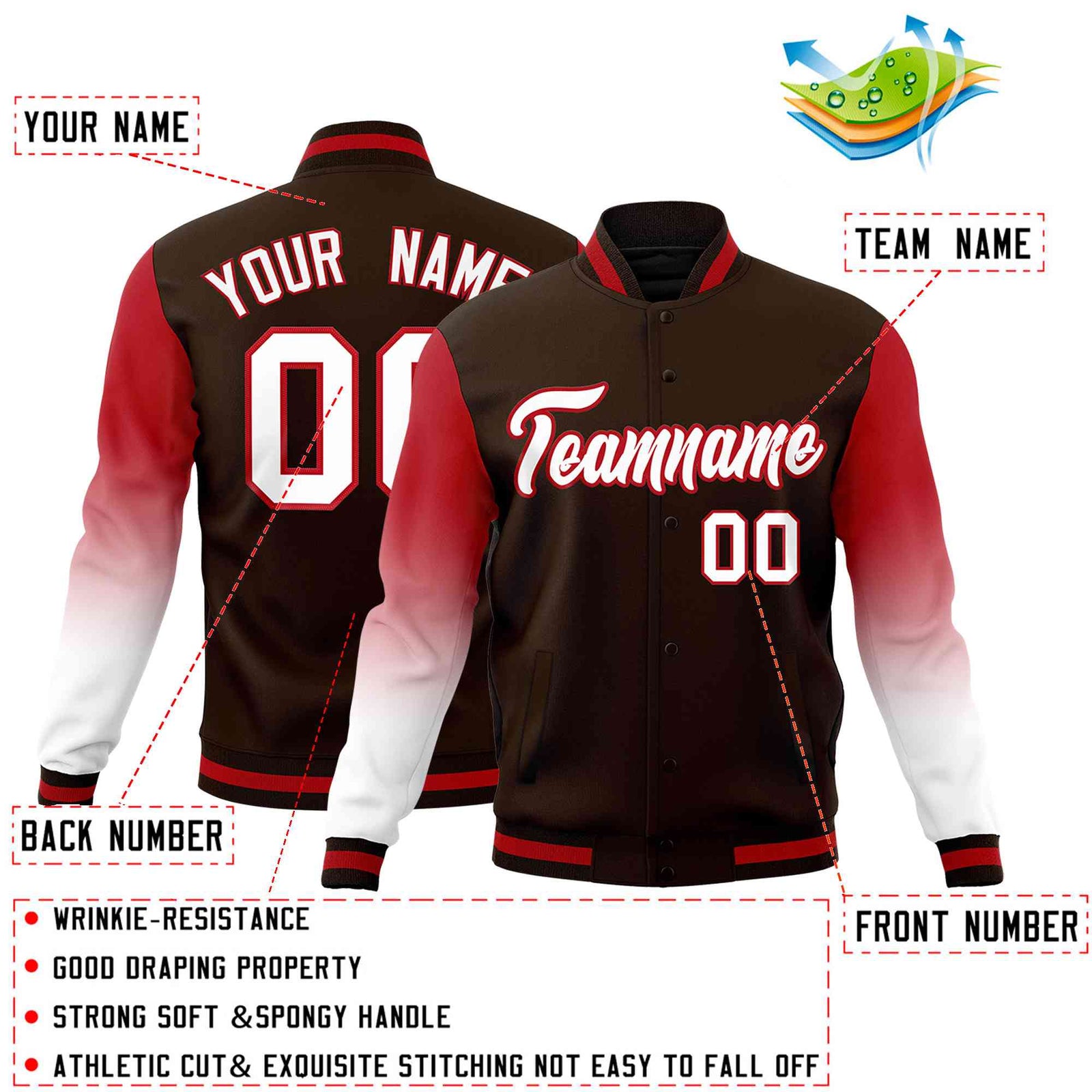 Custom Brown White Red Full-Snap Varsity Raglan Sleeves Gradient Letterman Jacket