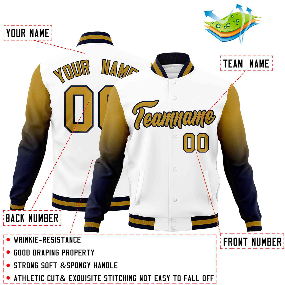 Custom White Old Gold Navy Full-Snap Varsity Raglan Sleeves Gradient Letterman Jacket