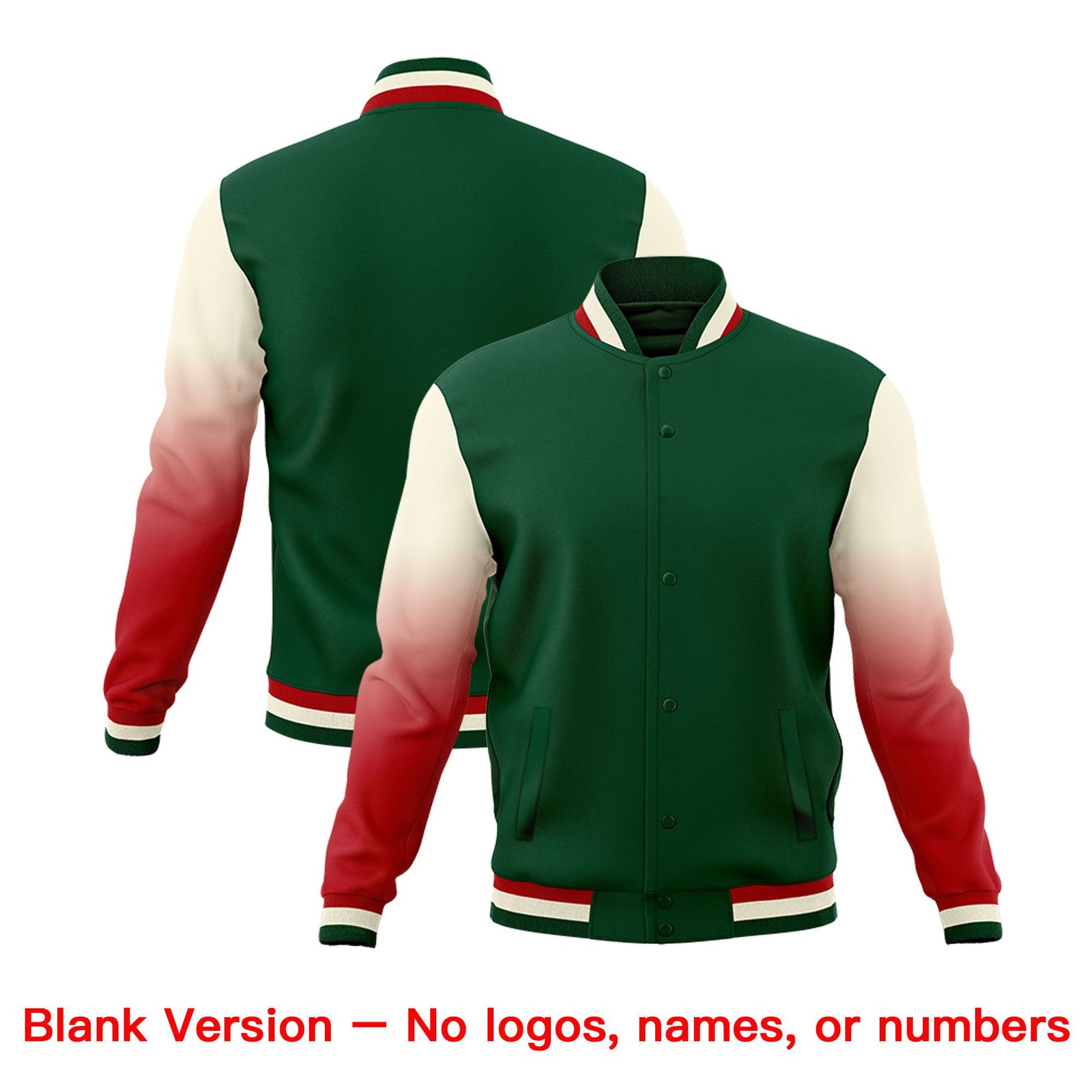 Custom Green Red Cream Full-Snap Varsity Raglan Sleeves Gradient Letterman Jacket