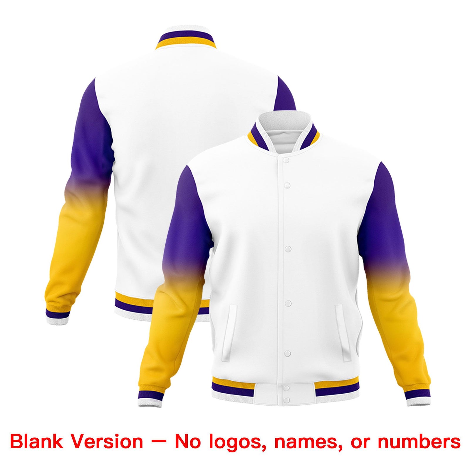 Custom White Purple Gold Full-Snap Varsity Raglan Sleeves Gradient Letterman Jacket