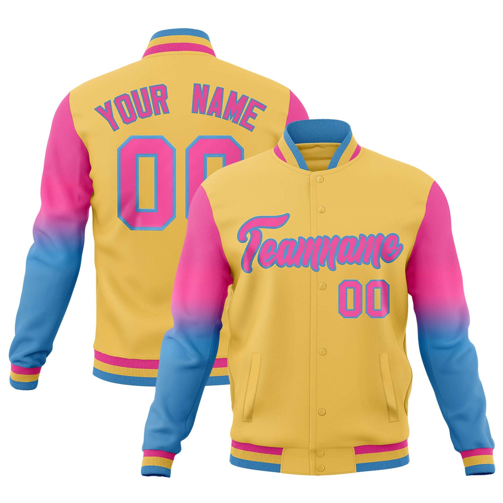Custom Khaki Pink Light blue Full-Snap Varsity Raglan Sleeves Gradient Letterman Jacket