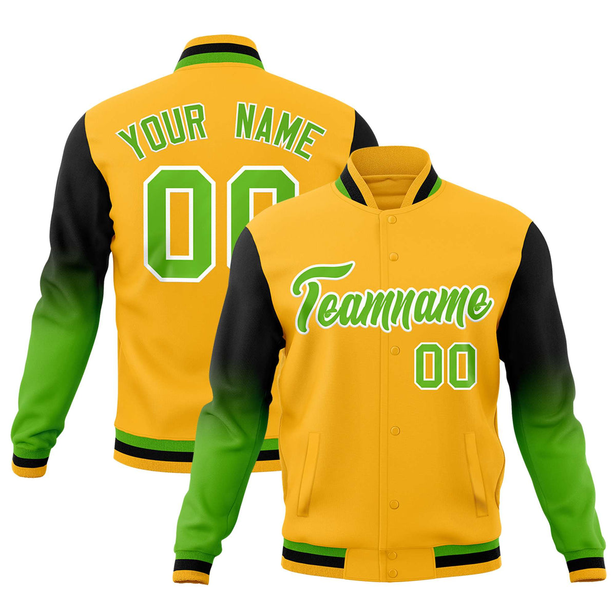 Custom Gold Green White Full-Snap Varsity Raglan Sleeves Gradient Letterman Jacket