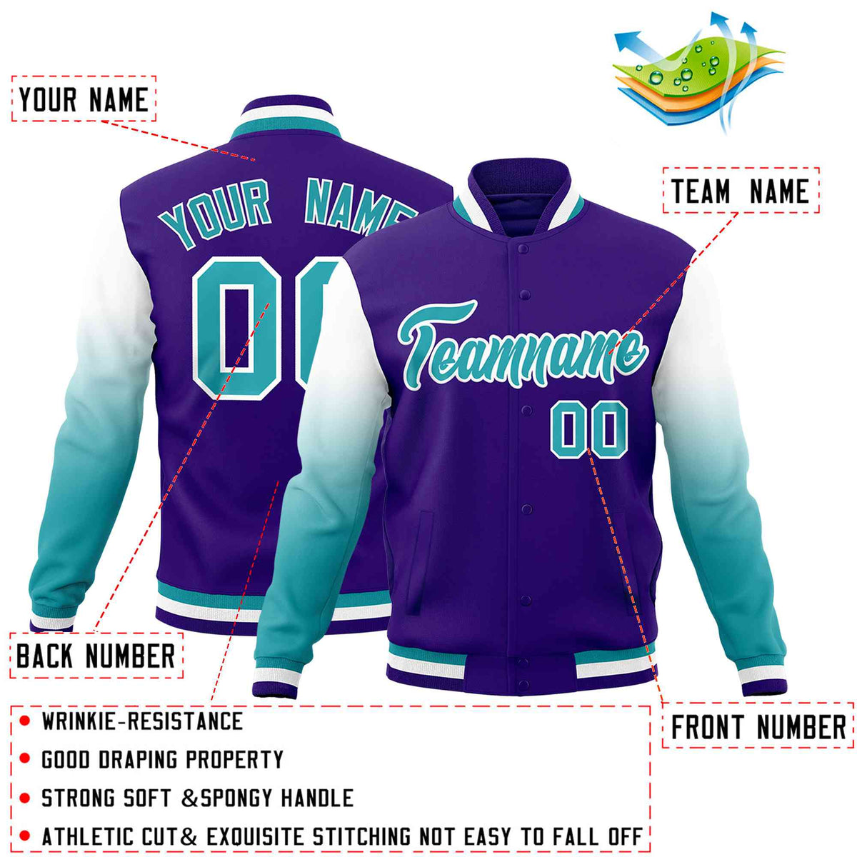 Custom Purple Aqua White Full-Snap Varsity Raglan Sleeves Gradient Letterman Jacket