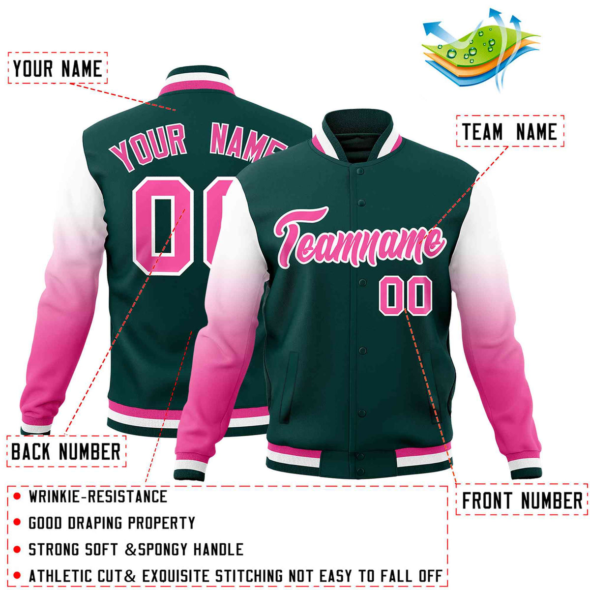 Custom Midnight Green Pink White Full-Snap Varsity Raglan Sleeves Gradient Letterman Jacket