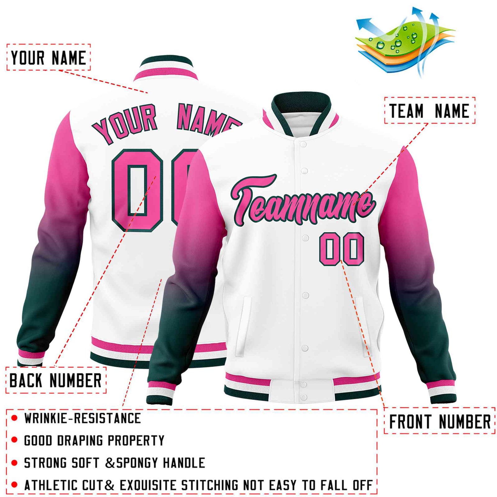 Custom White Pink Midnight Green Full-Snap Varsity Raglan Sleeves Gradient Letterman Jacket