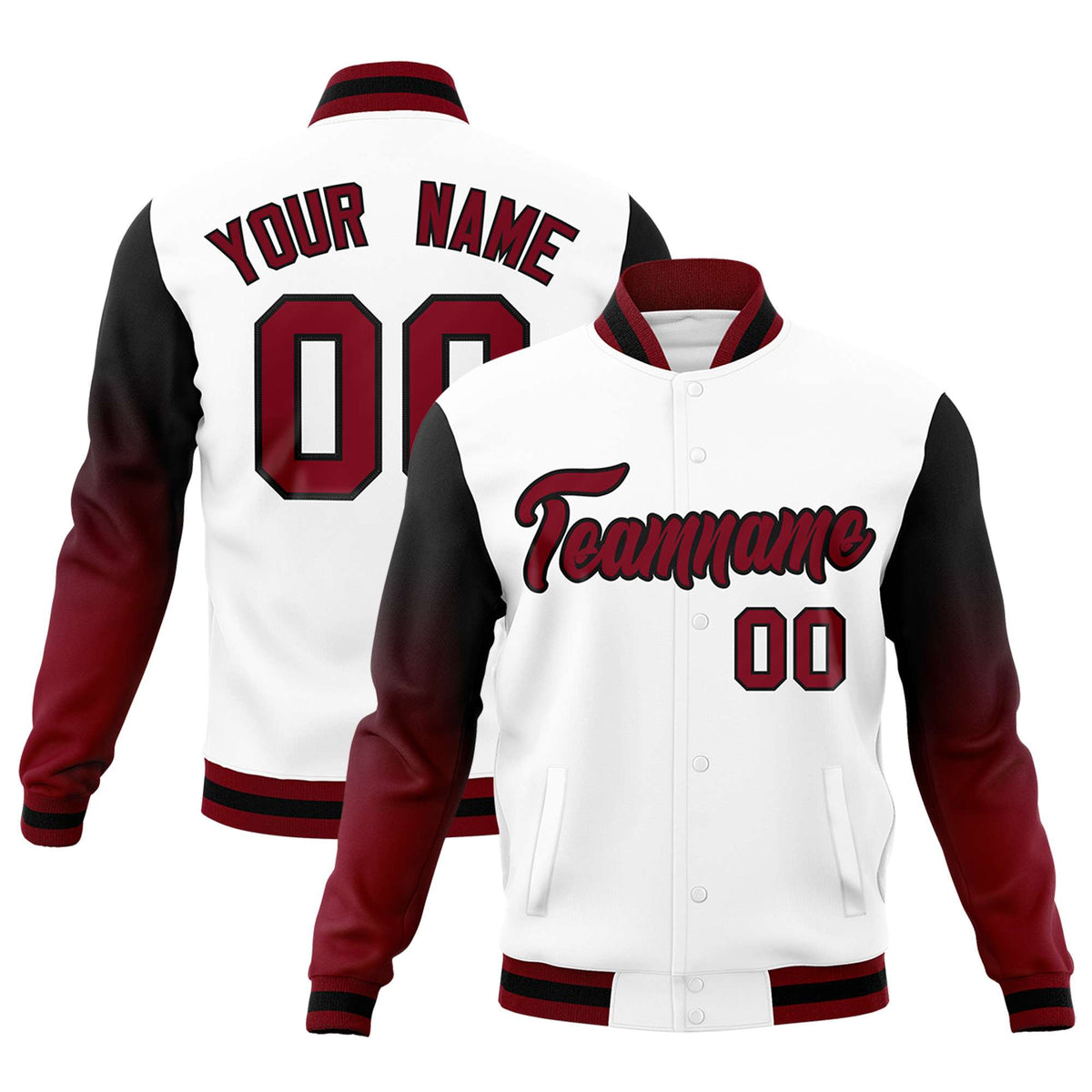 Custom White Crimson Black Full-Snap Varsity Raglan Sleeves Gradient Letterman Jacket