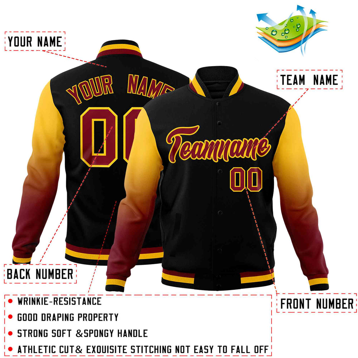 Custom Black Crimson Gold Full-Snap Varsity Raglan Sleeves Gradient Letterman Jacket