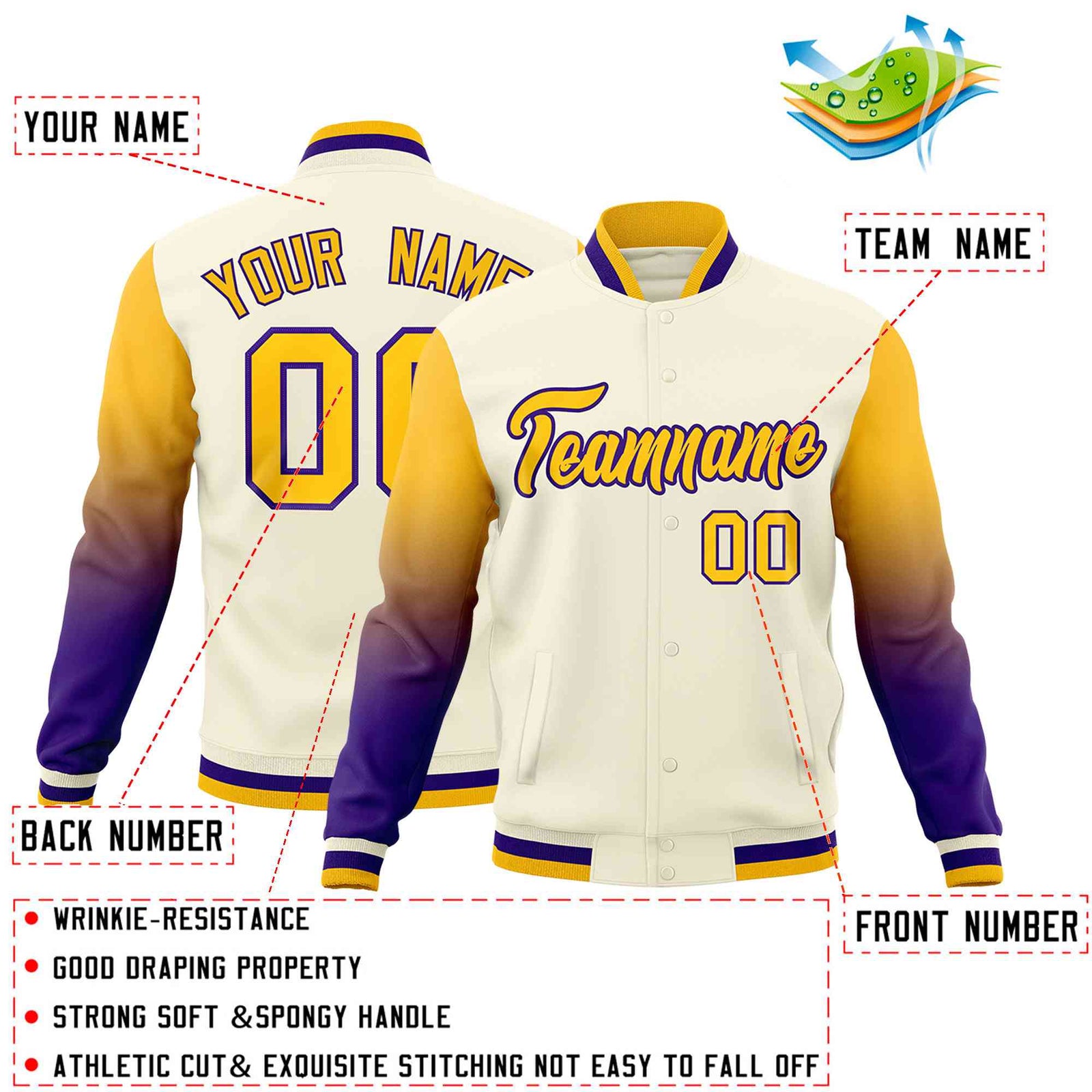 Custom Cream Gold Purple Full-Snap Varsity Raglan Sleeves Gradient Letterman Jacket
