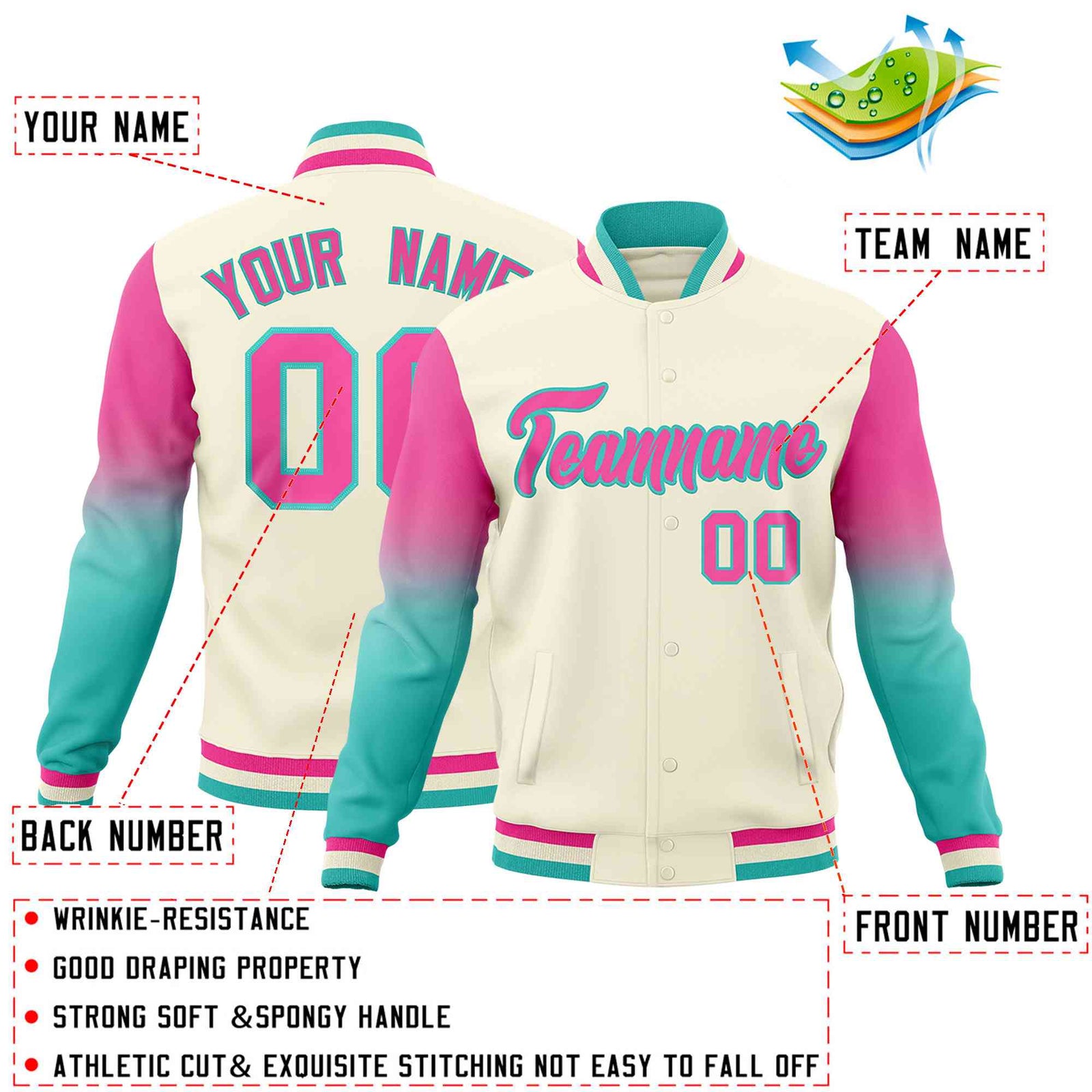 Custom Cream Pink Bright Green Full-Snap Varsity Raglan Sleeves Gradient Letterman Jacket