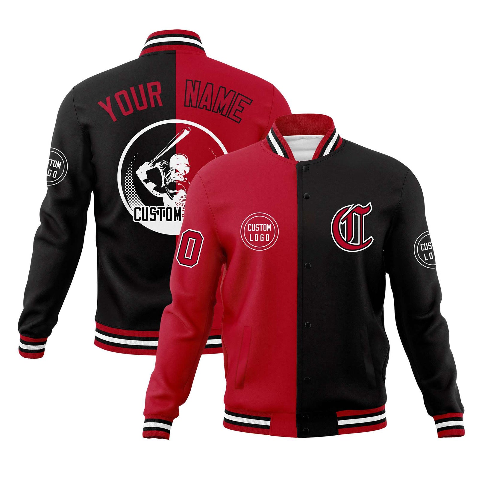 Custom Red Black Varsity Full-Snap Split Letterman Baseball Jacket