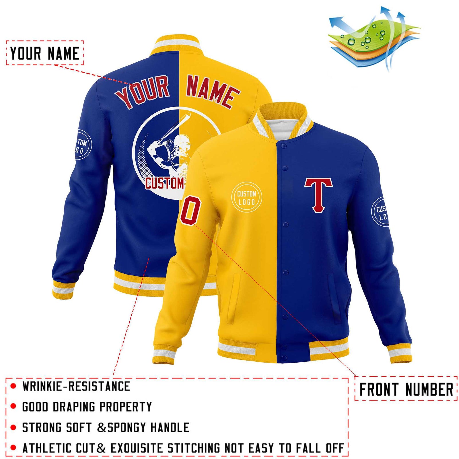 Custom Gold Royal Varsity Full-Snap Split Letterman Baseball Jacket