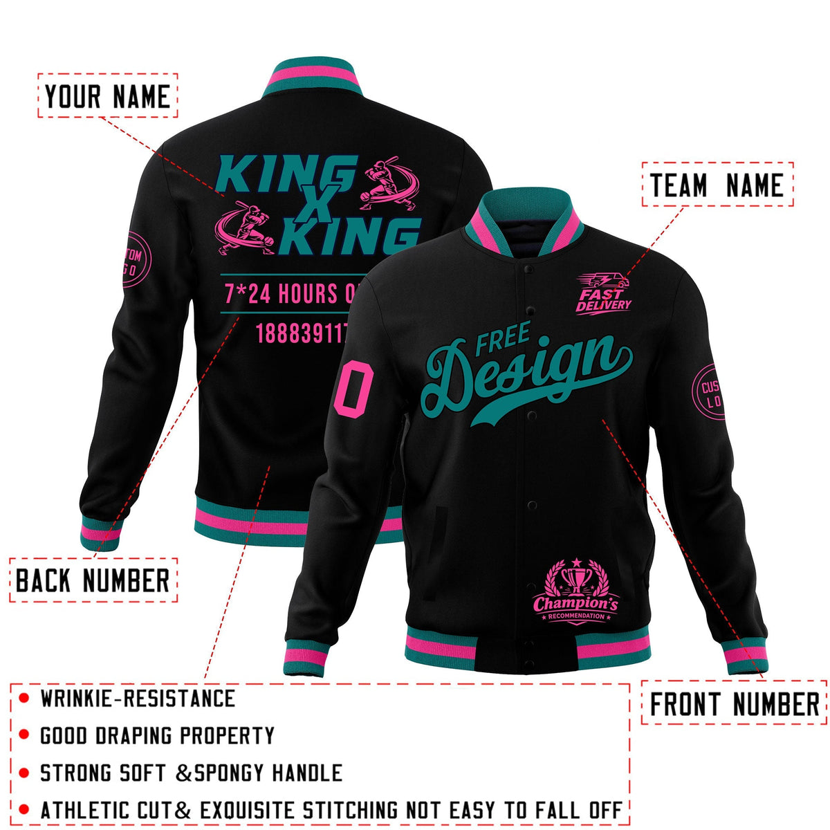 Custom Black Teal Pink Classic Style Full-Snap Wrinkle-Resistant Jacket| KXKSHOP