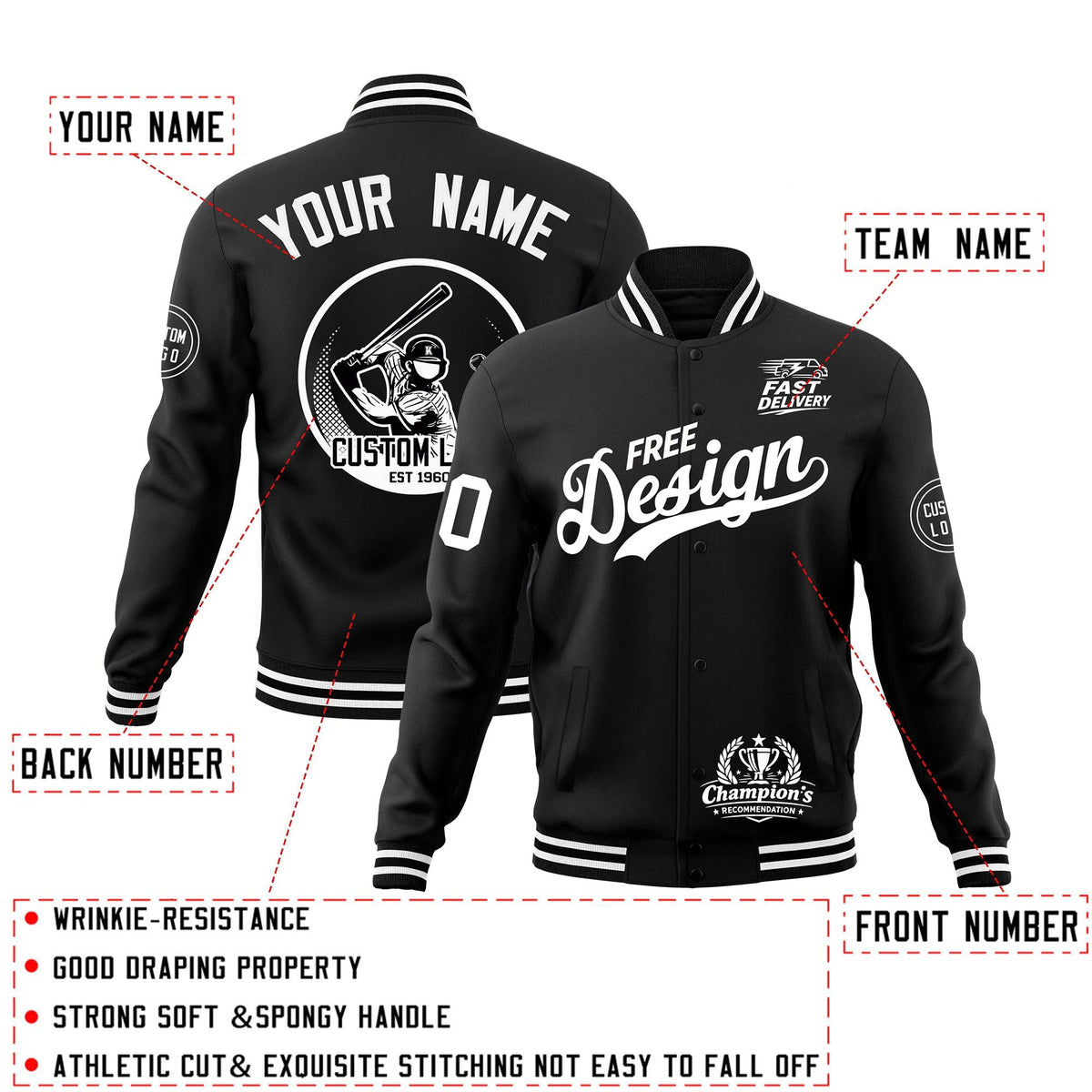 Custom Black White Classic Style Full-Snap Breathable Jacket| KXKSHOP