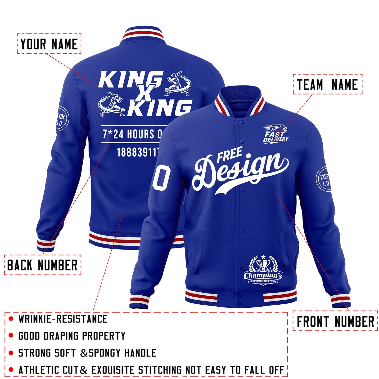 Custom Royal Blue White Red Classic Style Full-Snap Wrinkle-Resistant Jacket| KXKSHOP