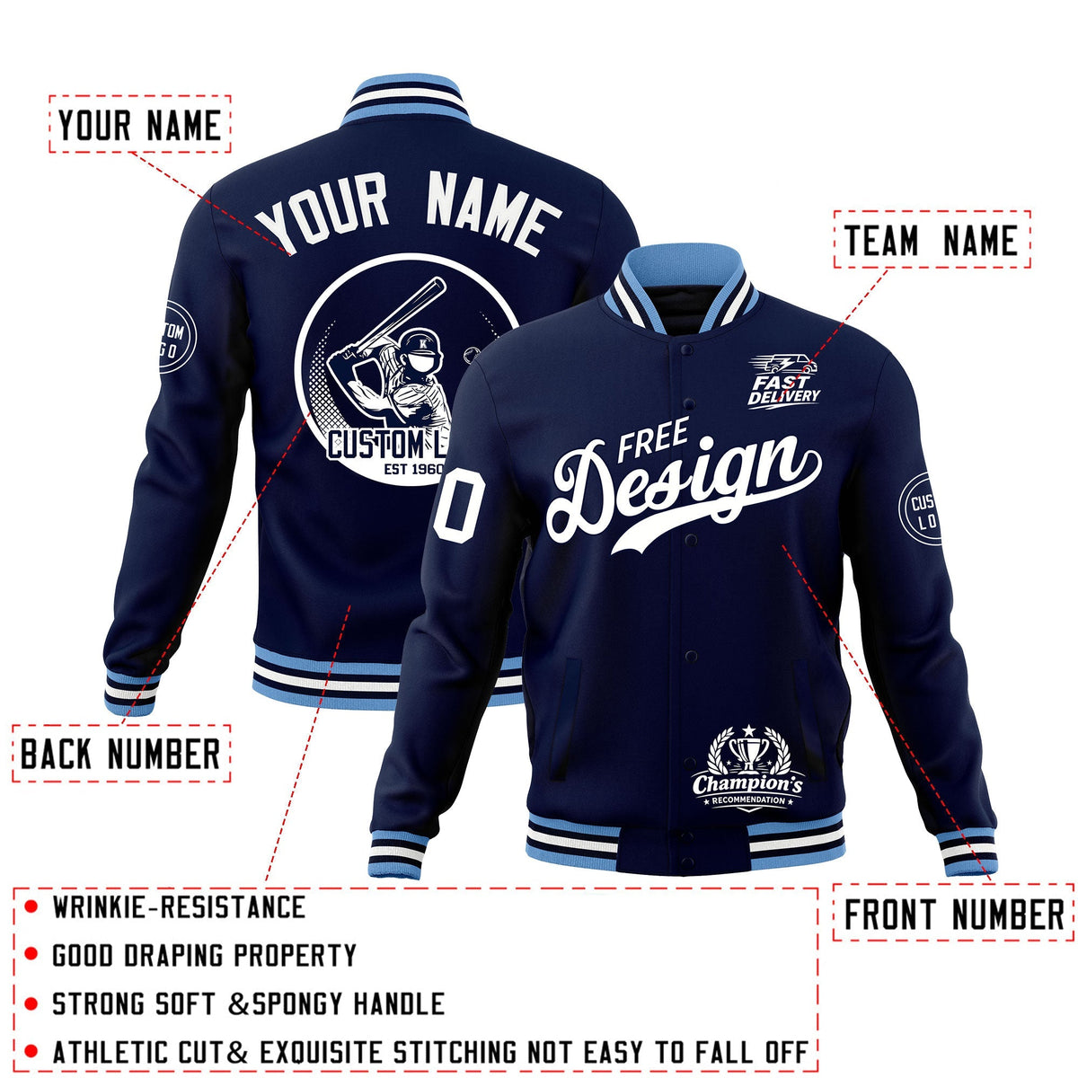 Custom Navy Light Blue White Classic Style Full-Snap Breathable Jacket| KXKSHOP