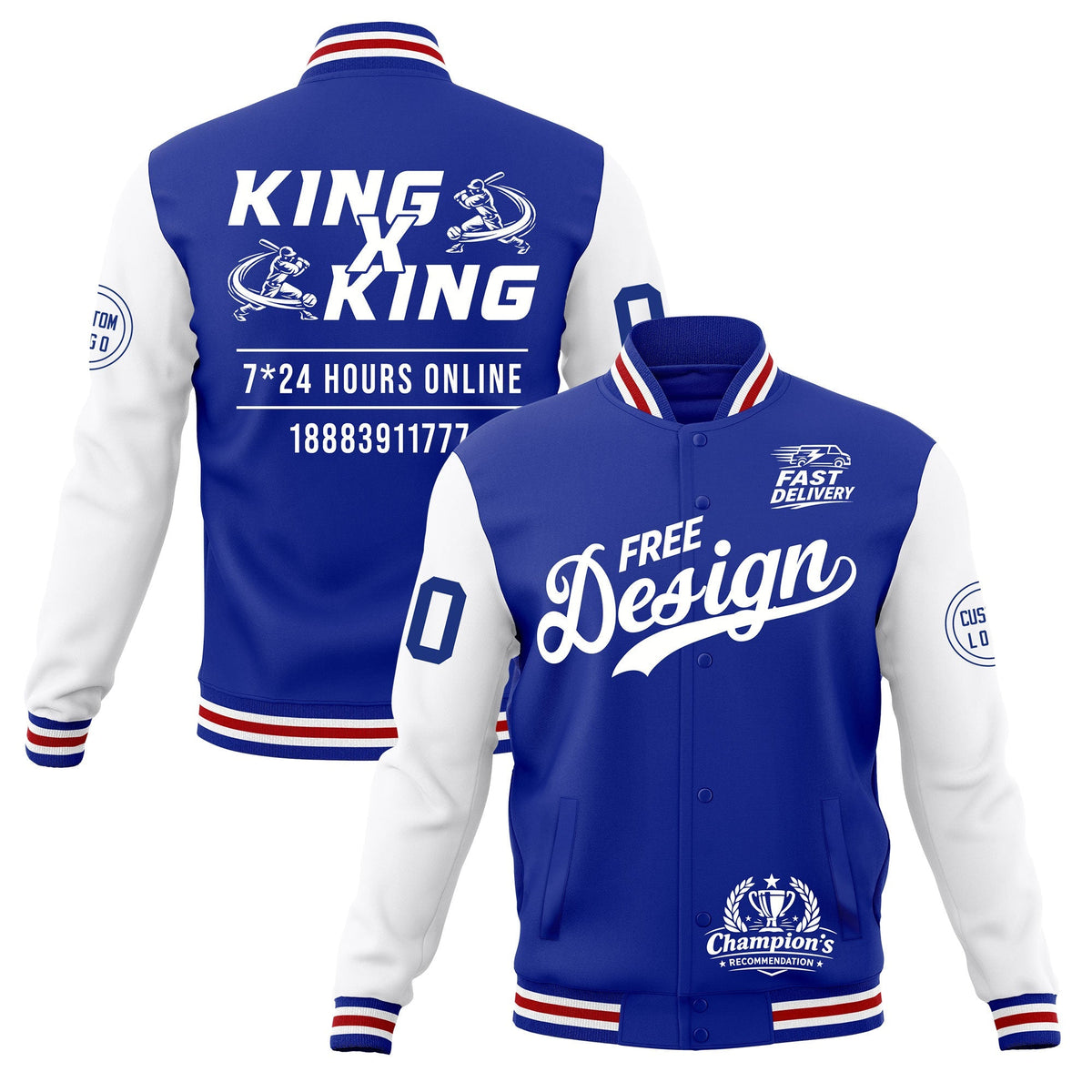 Custom Royal Blue White Red Classic Style Full-Snap Wrinkle-Resistant Jacket| KXKSHOP