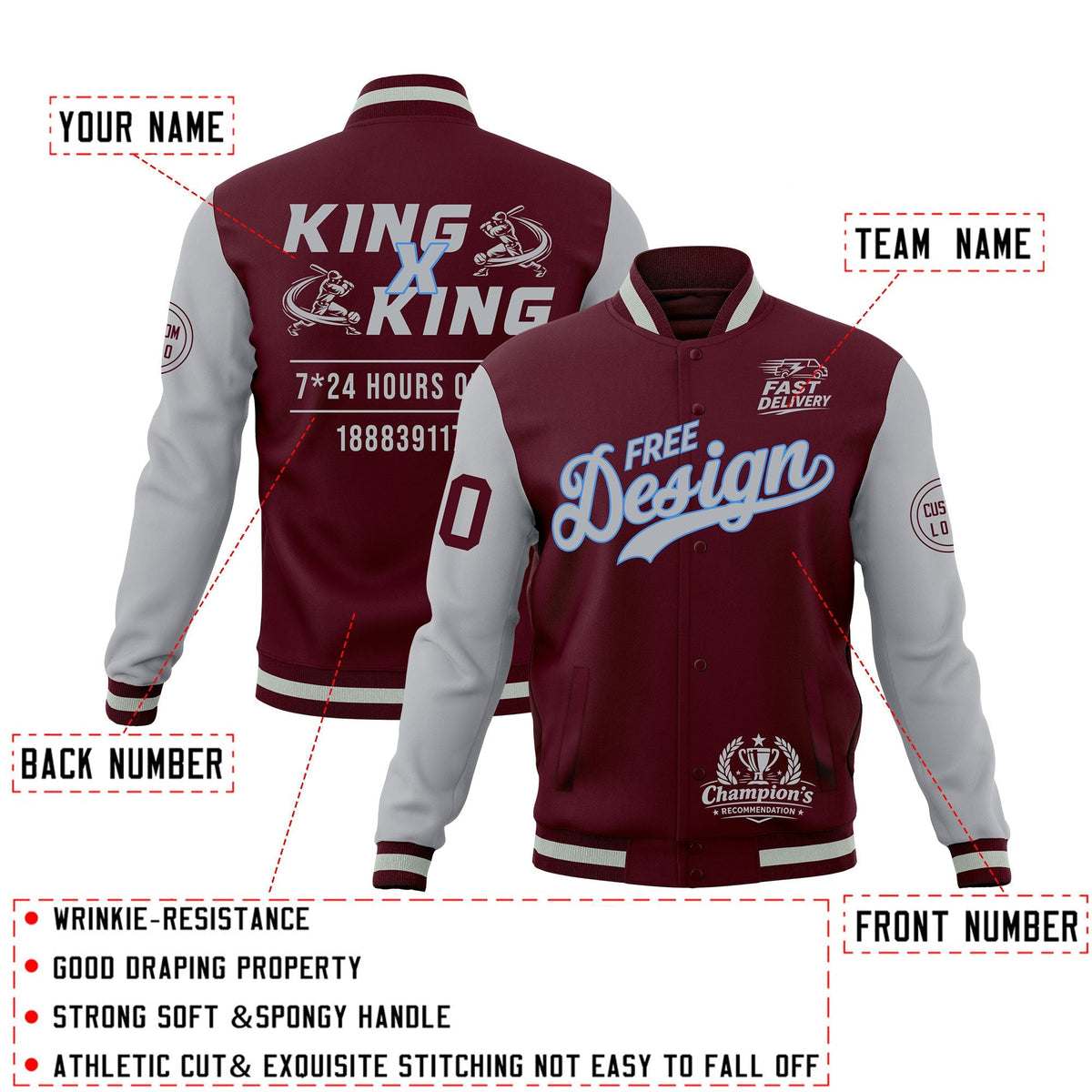Custom Crimson Gray Classic Style Full-Snap Wrinkle-Resistant Jacket| KXKSHOP