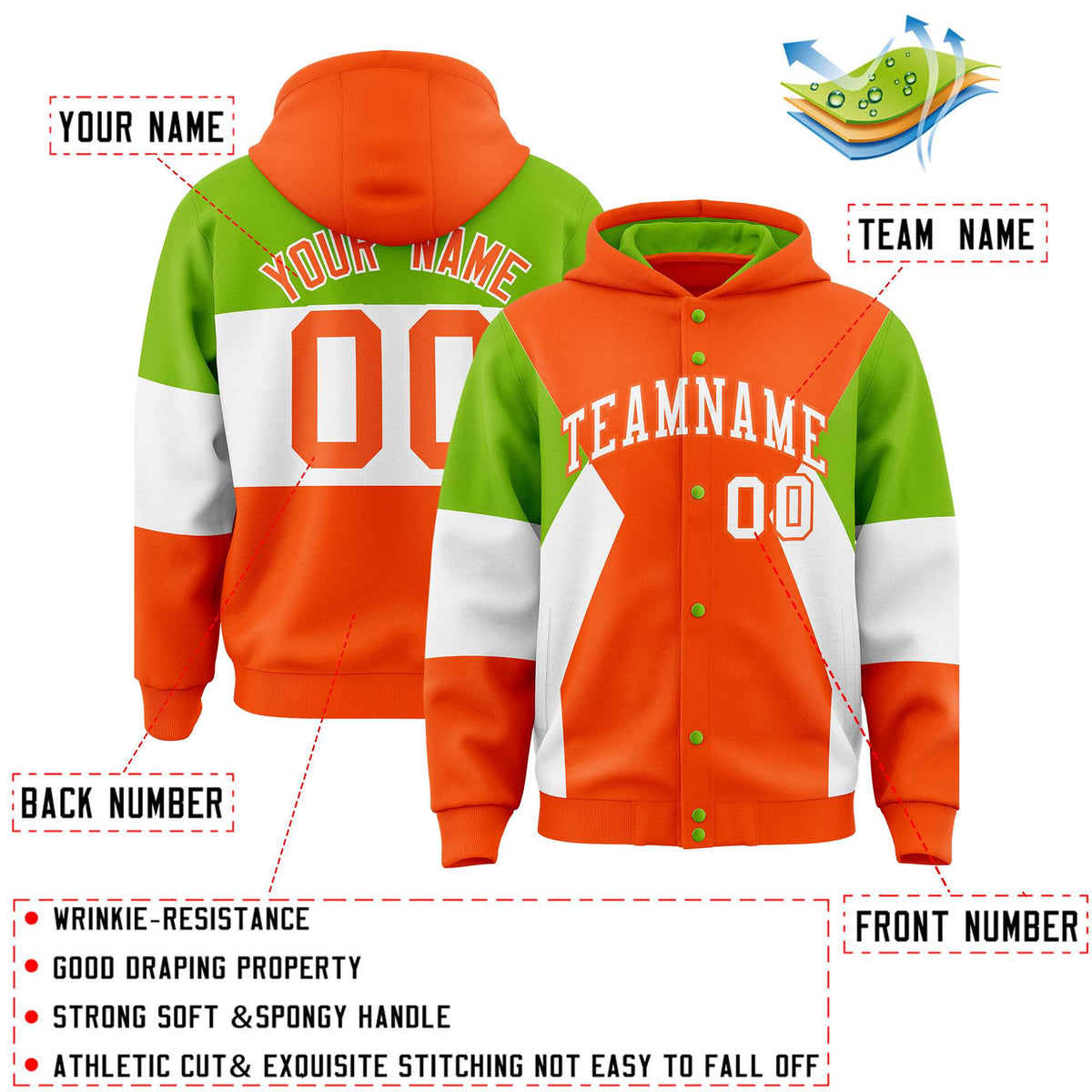 Custom Orange Neon Green-White Color Block Varsity Full-Snap Letterman Hoodie Jacket