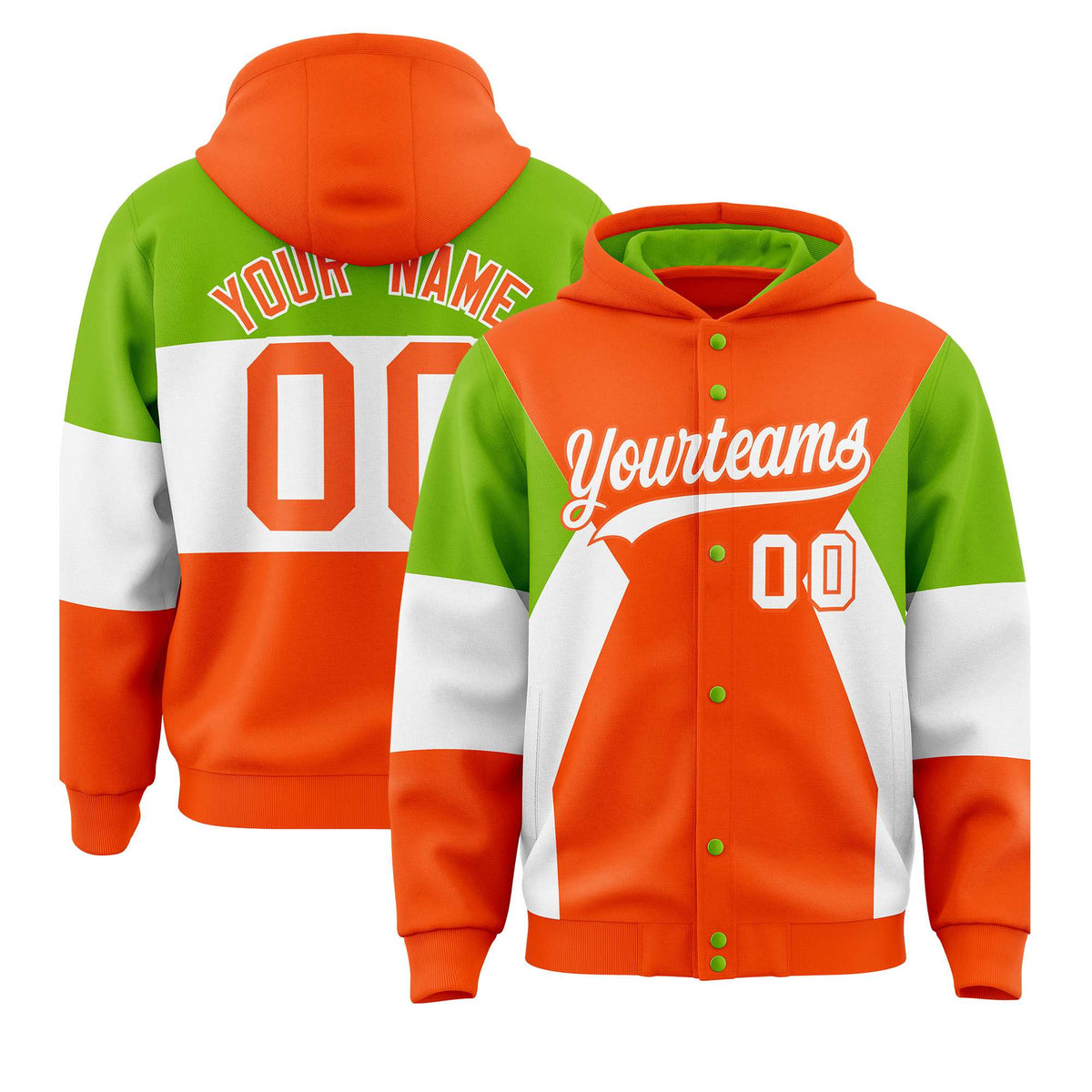 Custom Orange Neon Green-White Color Block Varsity Full-Snap Letterman Hoodie Jacket