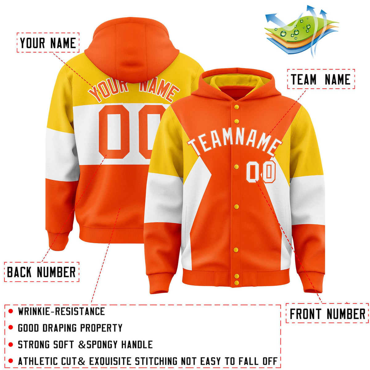 Custom Orange Gold-White Color Block Varsity Full-Snap Letterman Hoodie Jacket