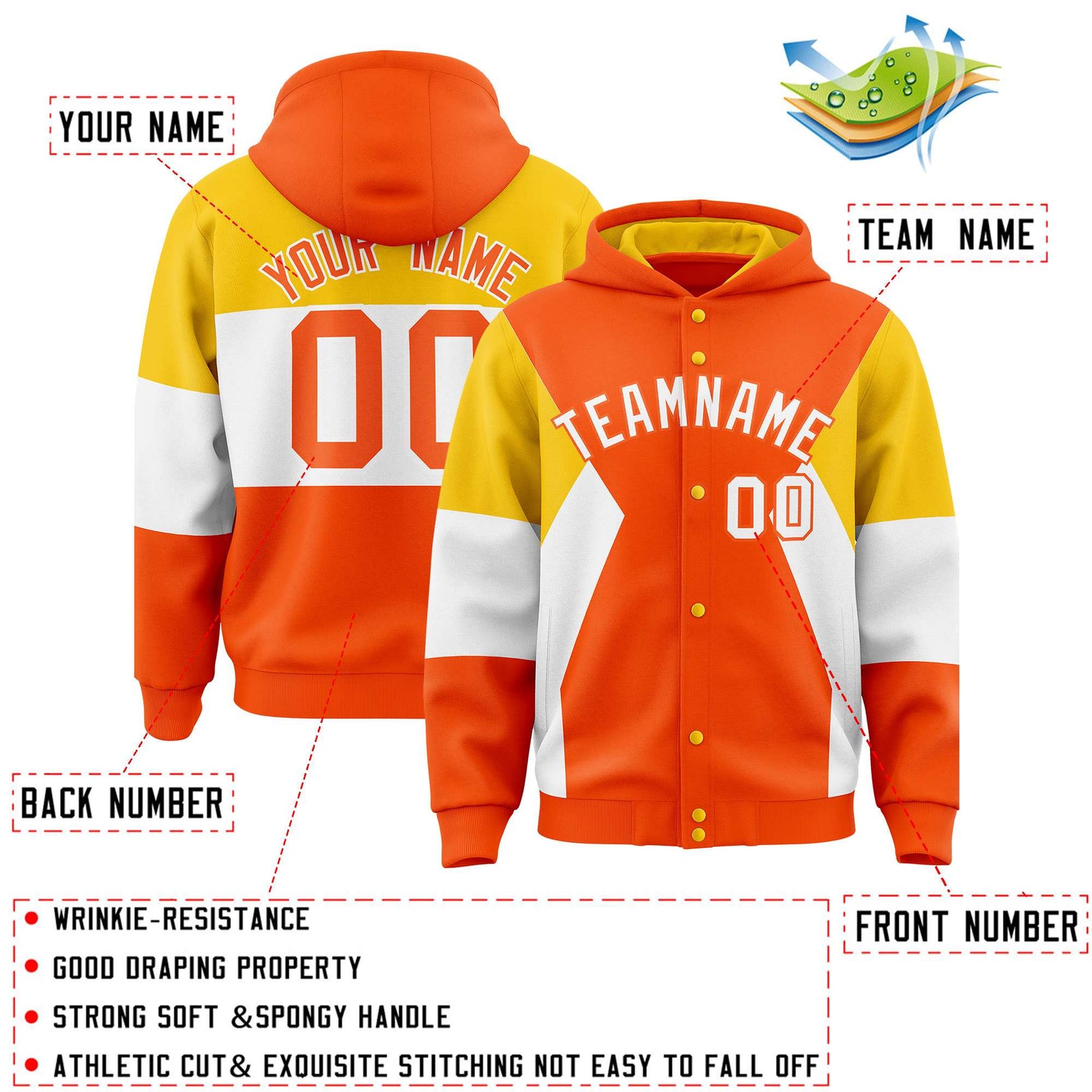 Custom Orange Gold-White Color Block Varsity Full-Snap Letterman Hoodie Jacket