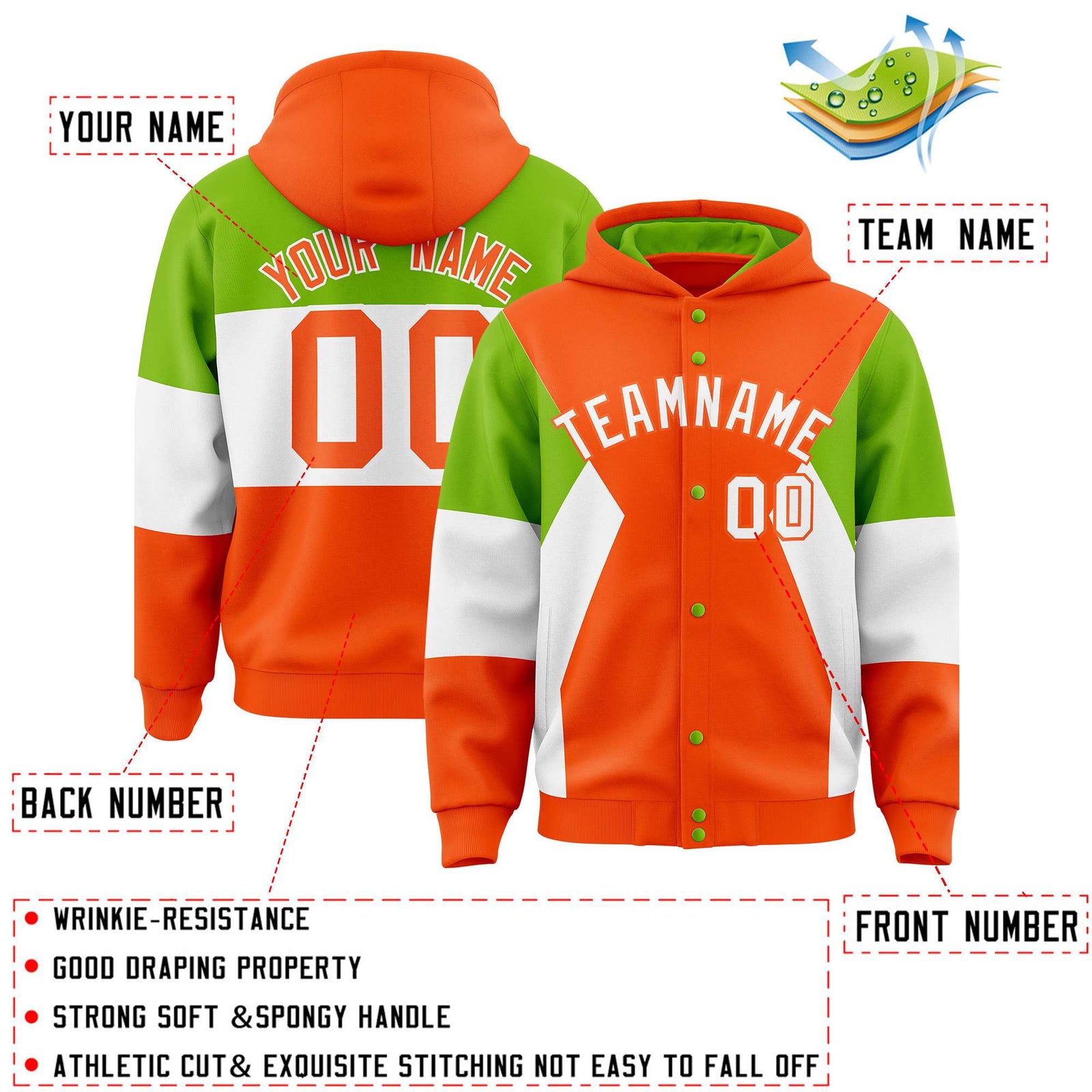 Custom Orange Neon Green-White Color Block Varsity Full-Snap Letterman Hoodie Jacket