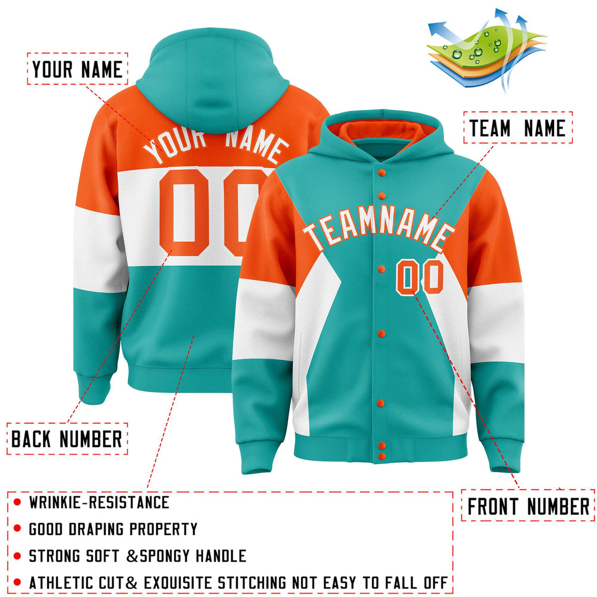Custom Aqua Orange-White Color Block Varsity Full-Snap Letterman Hoodie Jacket