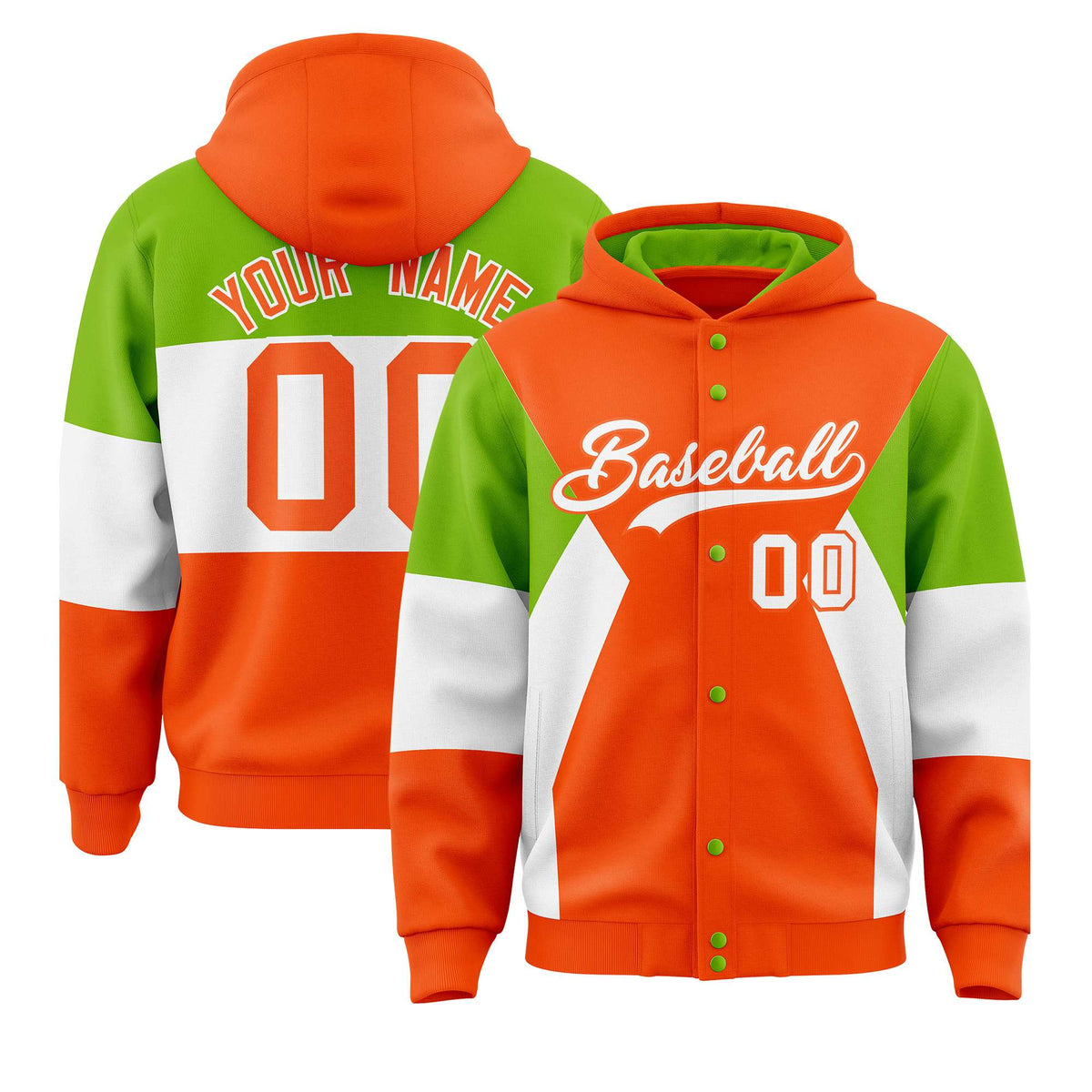 Custom Orange Neon Green-White Color Block Varsity Full-Snap Letterman Hoodie Jacket