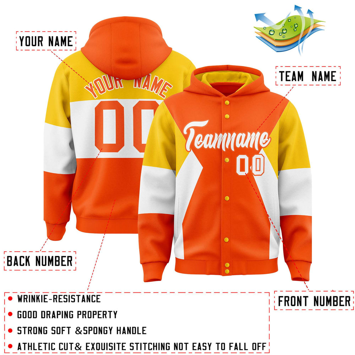 Custom Orange Gold-White Color Block Varsity Full-Snap Letterman Hoodie Jacket