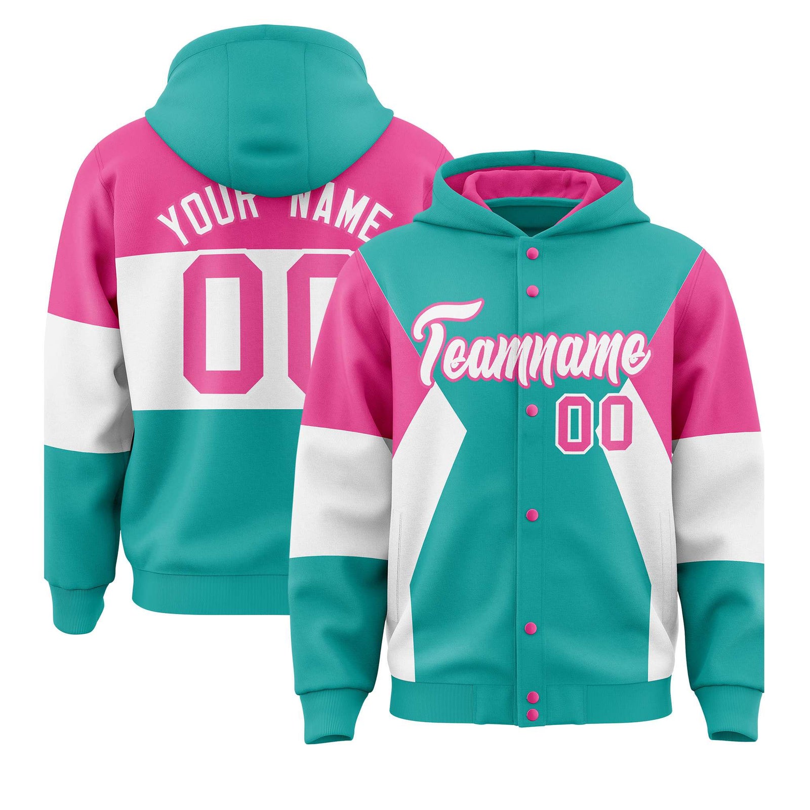 Custom Aqua Pink-White Color Block Varsity Full-Snap Letterman Hoodie Jacket