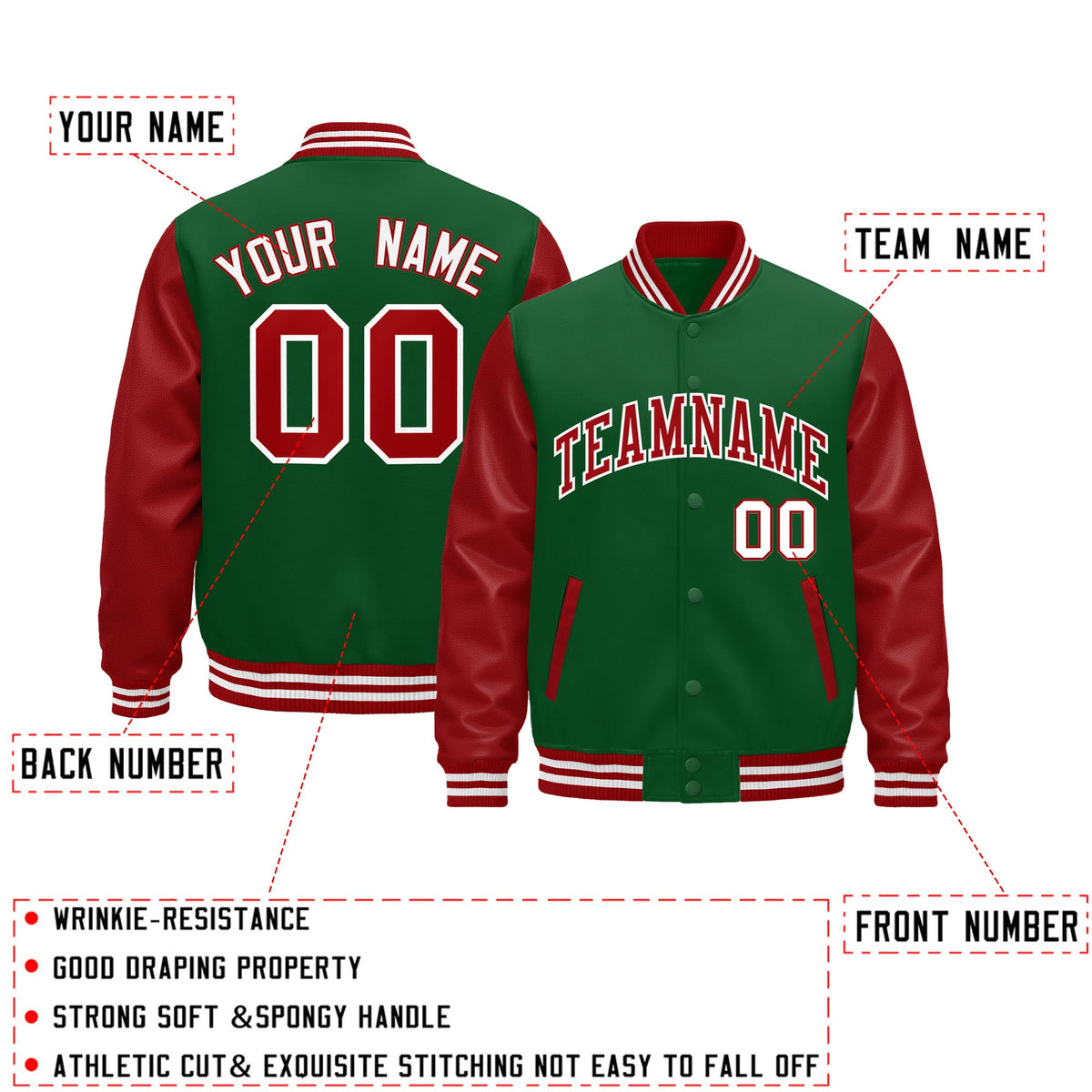 Custom Kelly Green Red White Raglan Sleeves Varsity Full-Snap Leather Sleeves Letterman Jacket| KXKSHOP