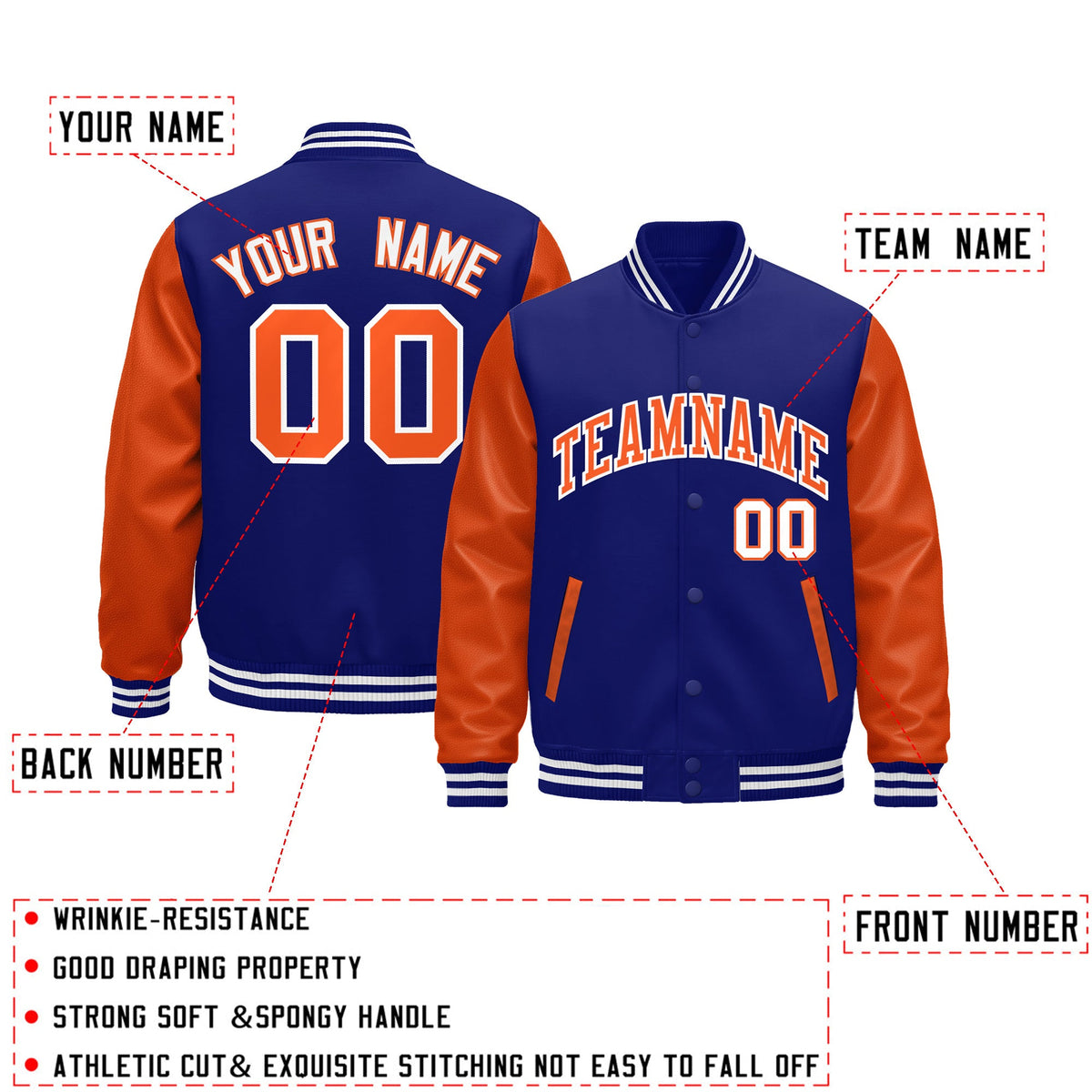 Custom Royal Blue Orange White Raglan Sleeves Varsity Full-Snap Leather Sleeves Letterman Jacket| KXKSHOP