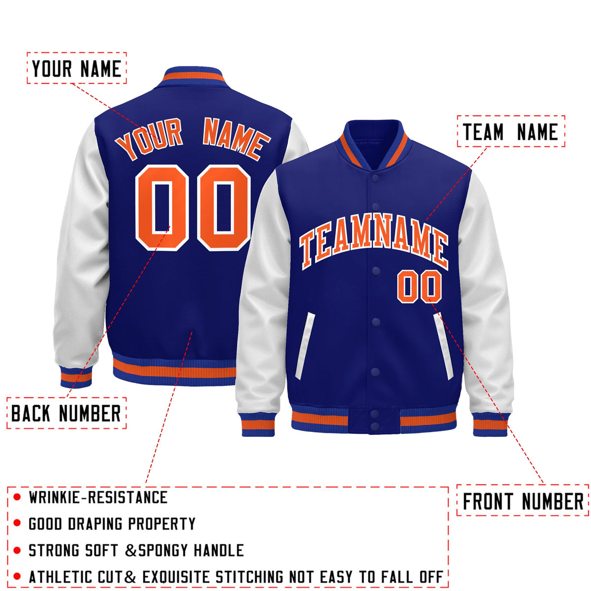 Custom Royal Blue White Orange Raglan Sleeves Varsity Full-Snap Leather Sleeves Letterman Jacket| KXKSHOP