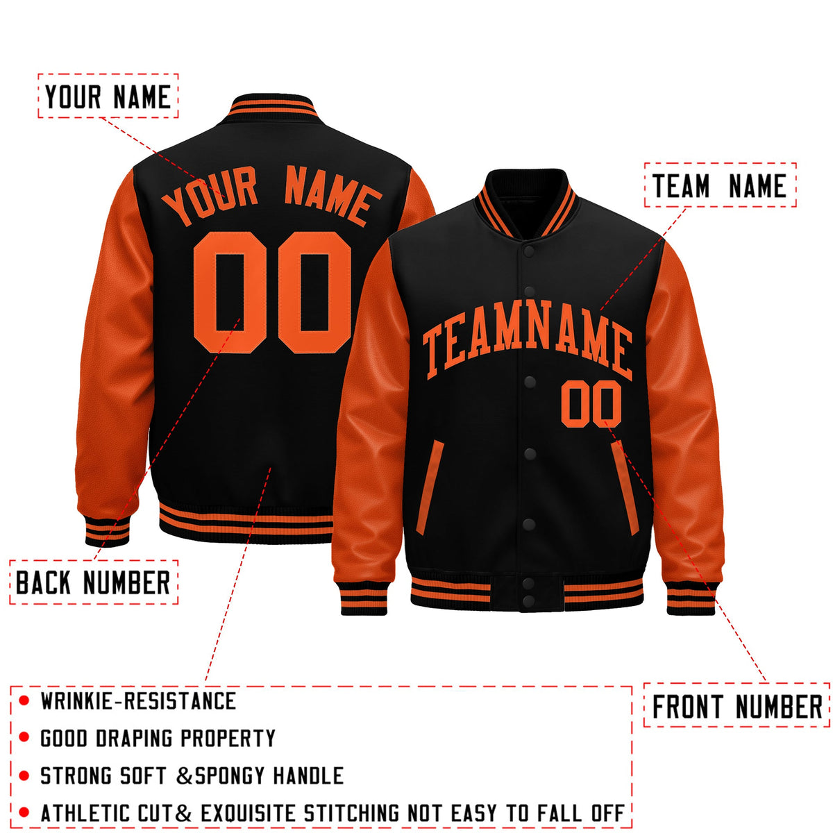 Custom Black Orange Raglan Sleeves Varsity Full-Snap Leather Sleeves Letterman Jacket| KXKSHOP