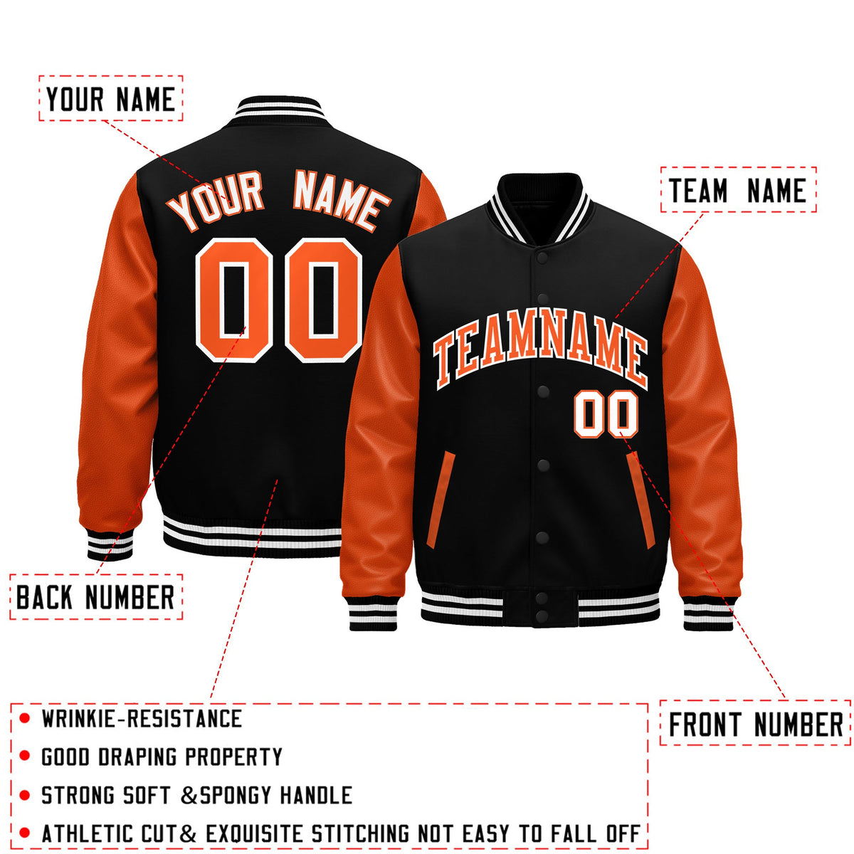 Custom Black Orange White Raglan Sleeves Varsity Full-Snap Leather Sleeves Letterman Jacket| KXKSHOP