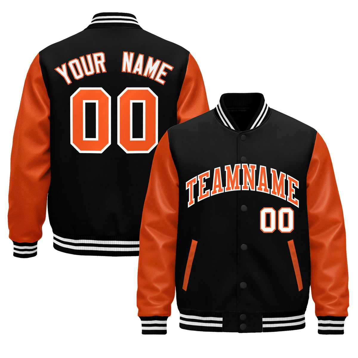 Custom Black Orange White Raglan Sleeves Varsity Full-Snap Leather Sleeves Letterman Jacket| KXKSHOP