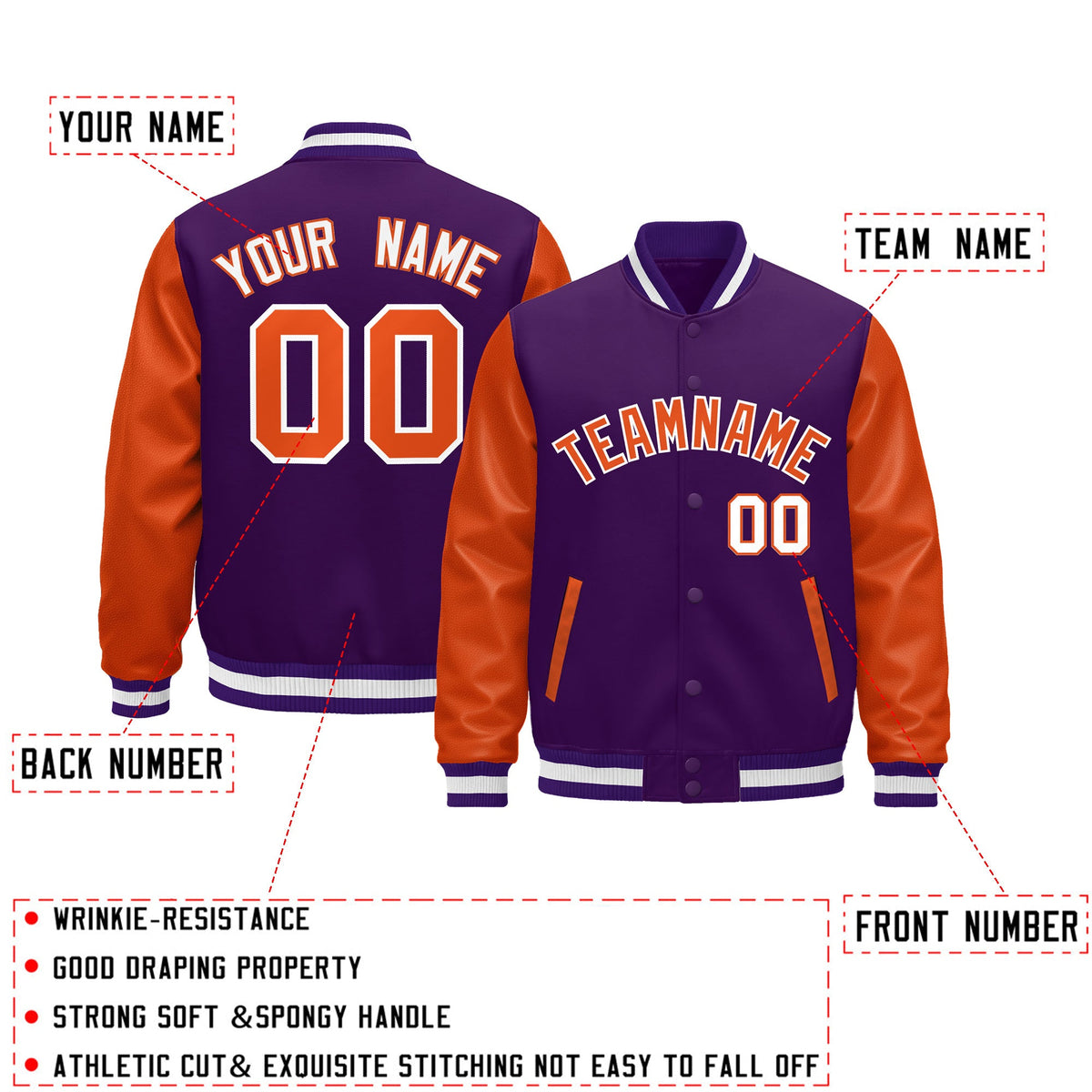 Custom Purple Orange White Raglan Sleeves Varsity Full-Snap Leather Sleeves Letterman Jacket| KXKSHOP
