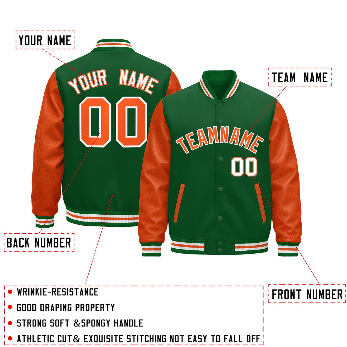 Custom Kelly Green White Orange Raglan Sleeves Varsity Full-Snap Leather Sleeves Letterman Jacket| KXKSHOP