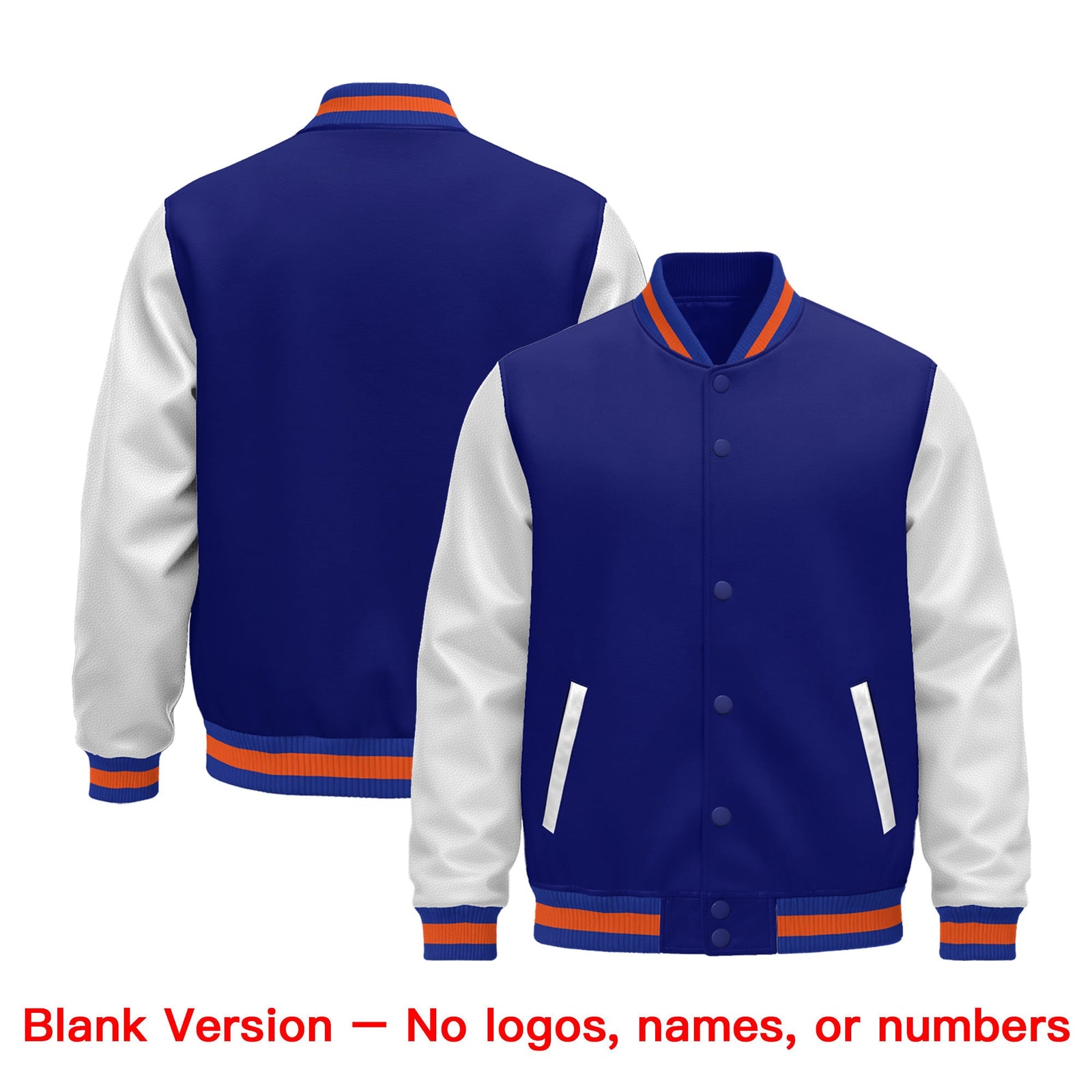 Custom Royal Blue White Orange Raglan Sleeves Varsity Full-Snap Leather Sleeves Letterman Jacket| KXKSHOP