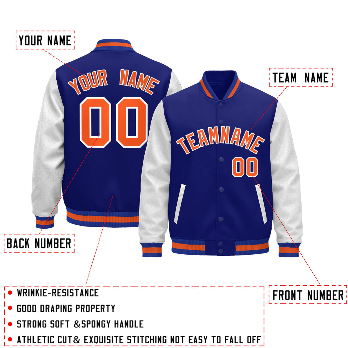 Custom Royal Blue White Orange Raglan Sleeves Varsity Full-Snap Leather Sleeves Letterman Jacket| KXKSHOP