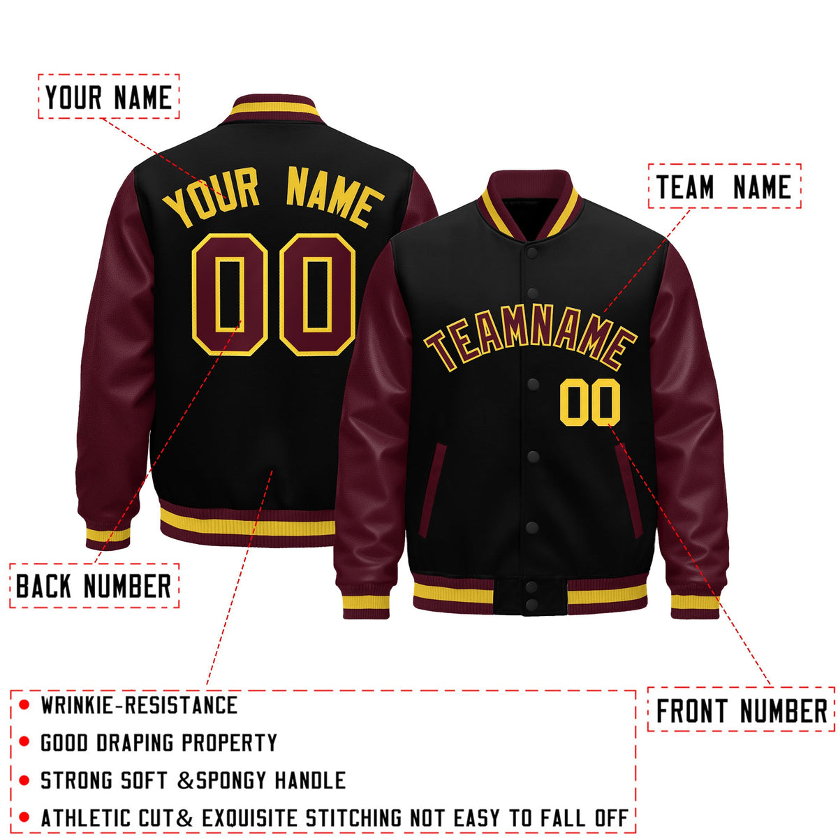 Custom Burgundy Black Crimson Gold Raglan Sleeves Varsity Full-Snap Leather Sleeves Letterman Jacket| KXKSHOP