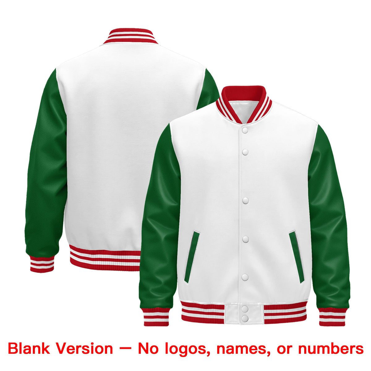 Custom Kelly Green White Red Raglan Sleeves Varsity Full-Snap Leather Sleeves Letterman Jacket| KXKSHOP